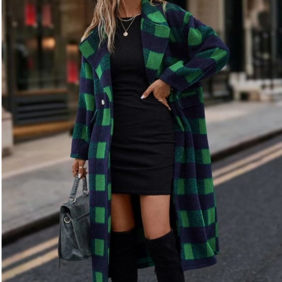 Casual Plaid Double Buttoned Coat Overcoat jacket Green Blue - Picture 3 of 6